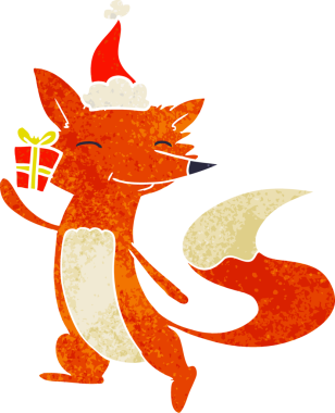 Bir insan tarafından çizilmiş Noel Baba şapkası giyen mutlu tilkinin el çizimi karikatürü.