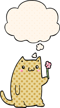 Bir insan tarafından çizilmiş, düşünce baloncuklu şirin çizgi film kedisi.