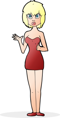 Bir insan tarafından çizilmiş, kafası karışmış, kokteyl elbiseli bir kadın.