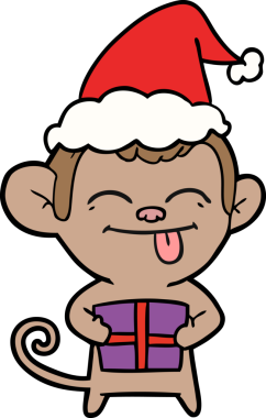 Noel hediyesi olan bir maymunun insan tarafından çizilmiş Noel Baba şapkasıyla çizilmiş komik bir el çizimi.