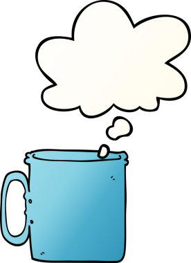 Düşünce baloncuklu karikatür kampı kahve fincanı bir insan tarafından çizilmiş.