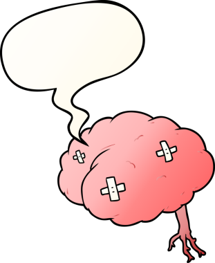 Bir insan tarafından çizilmiş düzgün eğimli konuşma baloncuğuyla yaralanmış bir beyin.