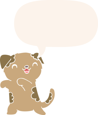 Bir insan tarafından çizilmiş eski moda konuşma baloncuğu olan sevimli bir çizgi film köpeği.