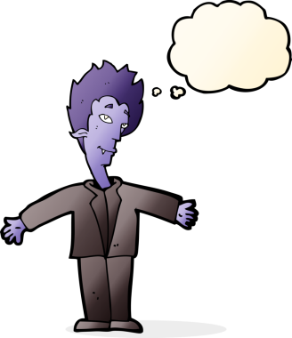 Bir insan tarafından çizilmiş düşünce balonlu mutlu vampir çizgi filmi.