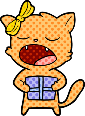 Bir insan tarafından çizilmiş Noel hediyeli çizgi film kedisi.