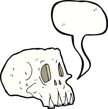 Bir insan tarafından çizilmiş konuşma baloncuğu olan karikatürümsü kafatası.