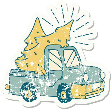 Bir insan tarafından çizilmiş ağaçları taşıyan dövme stili bir kamyonun eski etiketi.