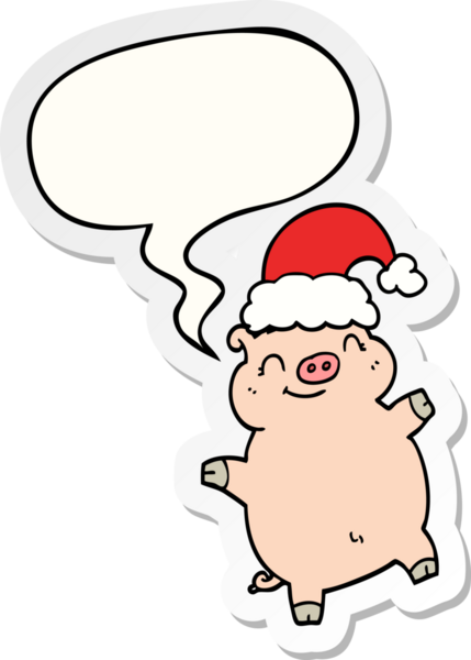 Bir insan tarafından çizilmiş konuşma balonu çıkartmalı mutlu noel domuzu.