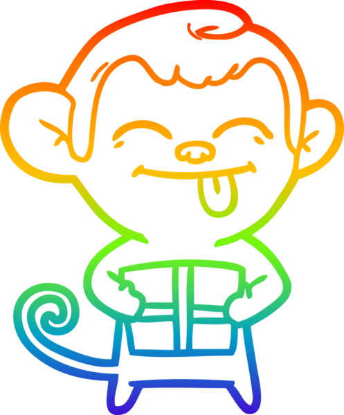 Gökkuşağının gradyan çizimi komik bir çizgi maymun ve bir insan tarafından çizilmiş noel hediyesi.