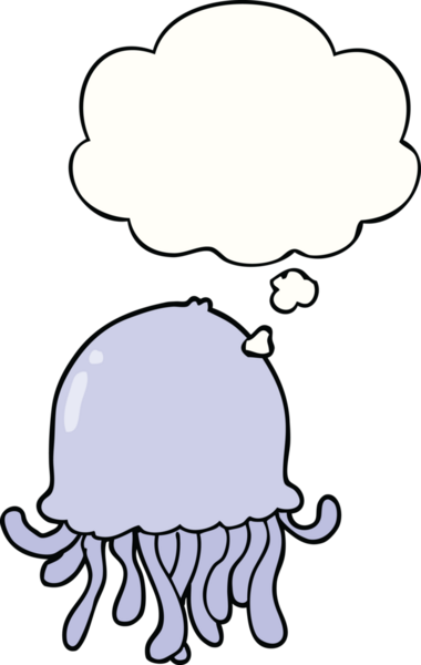 Bir insan tarafından çizilmiş düşünce baloncuklu denizanası çizgi filmi.