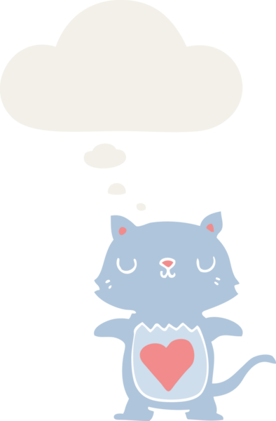 Bir insan tarafından çizilmiş düşünce baloncuğu olan sevimli çizgi film kedisi.