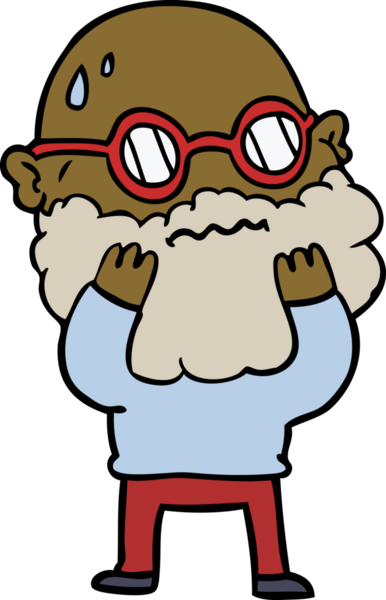 Bir insan tarafından çizilmiş sakallı ve gözlüklü endişeli bir adam.