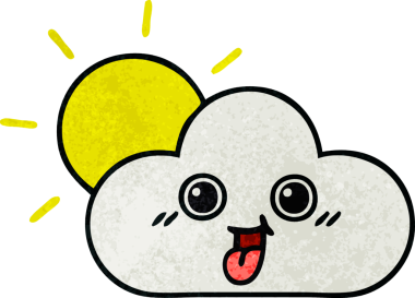 Güneş 'in retro grunge deseni ve bir insan tarafından çizilmiş bulut.