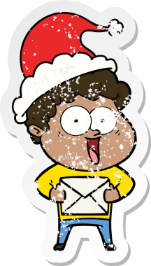 Bir insan tarafından çizilmiş Noel Baba şapkası giymiş mutlu bir adamın el çizimi çıkartması.