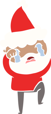 Bir insanın çizdiği Noel Baba şapkası giyen ve ağlayan sakallı bir adamın el resmi.