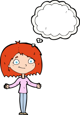 Bir insan tarafından çizilmiş düşünce baloncuğuyla omuz silken çizgi film kadını.