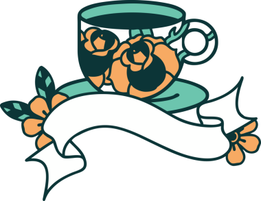 Geleneksel dövmeli bir kupa ve bir insan tarafından çizilmiş çiçekler.