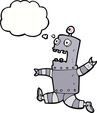 Bir insan tarafından çizilmiş düşünce baloncuklu korkmuş robot çizgi filmi.