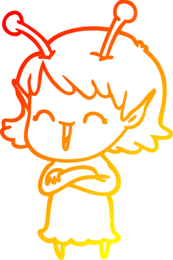 Bir insan tarafından çizilen gülen uzaylı bir kızın sıcak çizgi çizimi.