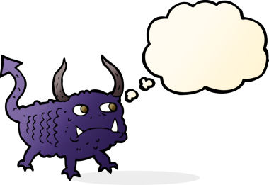 Bir insan tarafından çizilmiş düşünce baloncuğu olan küçük bir iblis.