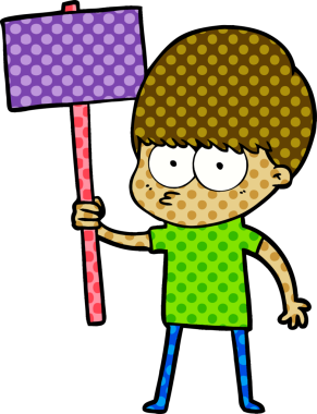 Bir insan tarafından çizilmiş pankart tutan sinirli çizgi film çocuğu.