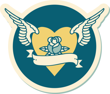 Geleneksel kalp tarzında bir dövme çıkartması. Kanatlarıyla bir insan tarafından çizilmiş bir gül ve bayrak.