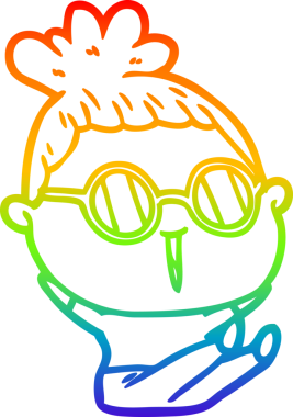 Bir insan tarafından çizilmiş gözlük takan bir karikatür kadının çizimi.