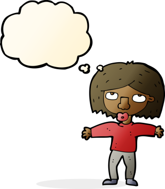 Bir insan tarafından çizilmiş düşünce baloncuğuyla yukarı bakan çizgi film kızı.