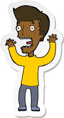 Çizgi film çıkartması. Bir insan tarafından çizilmiş korkmuş bir adam.