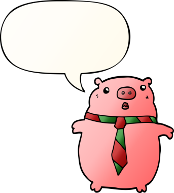 Bir insan tarafından çizilmiş konuşma baloncuklu ofis kravatlı çizgi film domuzu.