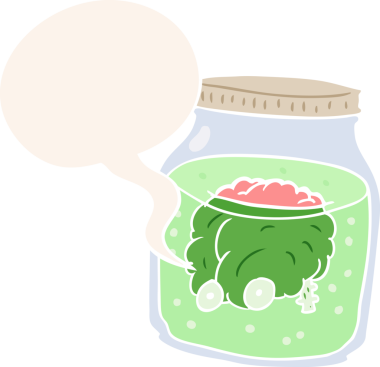 Kavanozda yüzen tuhaf bir karikatür ve insan tarafından çizilmiş retro tarzı bir konuşma balonu.