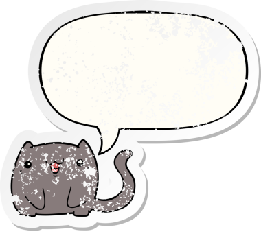 Konuşma baloncuğu olan çizgi film kedisi bir insan tarafından çizilmiş sıkıntılı eski bir çıkartma