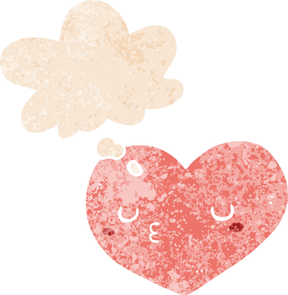 Düşünce baloncuklu karikatür aşk kalbi bir insan tarafından çizilmiş dertli retro stil