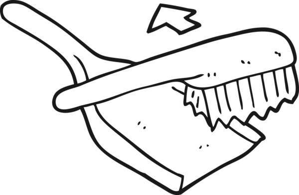 Bir insan tarafından çizilmiş siyah beyaz çizgi film toz tavası ve fırça.