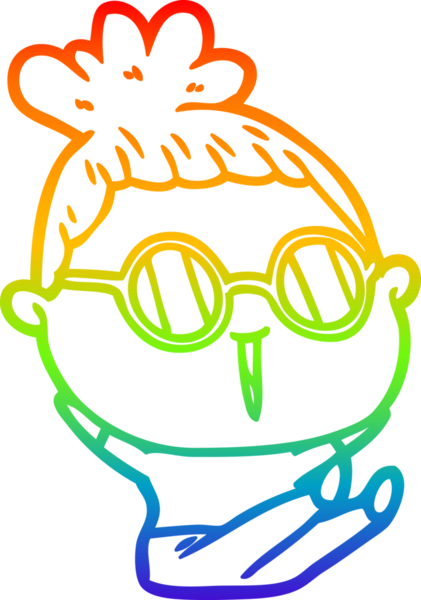 Bir insan tarafından çizilmiş gözlük takan bir karikatür kadının çizimi.