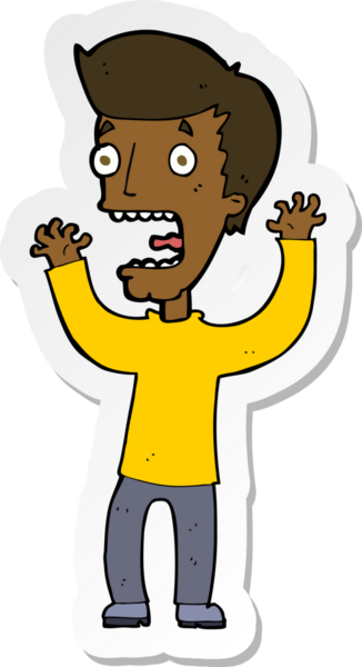 Çizgi film çıkartması. Bir insan tarafından çizilmiş korkmuş bir adam.