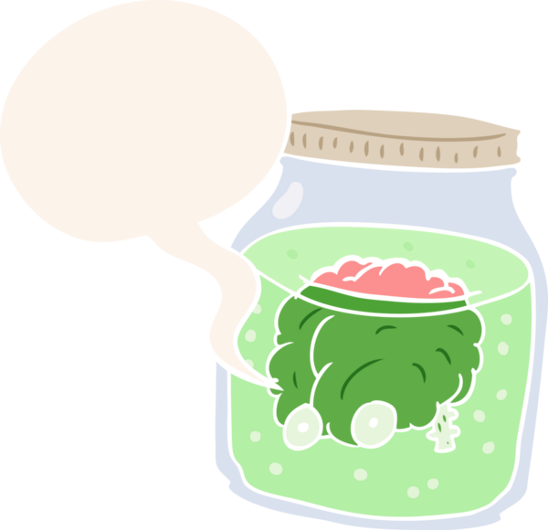 Kavanozda yüzen tuhaf bir karikatür ve insan tarafından çizilmiş retro tarzı bir konuşma balonu.