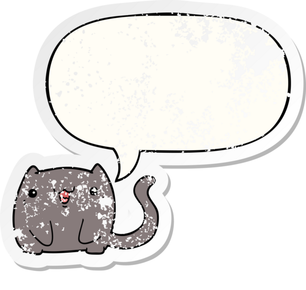 Konuşma baloncuğu olan çizgi film kedisi bir insan tarafından çizilmiş sıkıntılı eski bir çıkartma