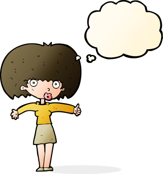 Bir insan tarafından çizilmiş düşünce baloncuğuyla baş parmağıyla işaret veren çizgi film kadını.