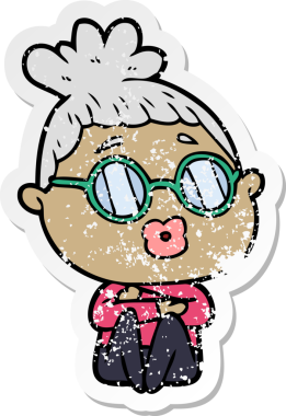 Bir insan tarafından çizilmiş gözlüklü bir kadının karikatür çıkartması.