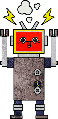 Bir insan tarafından çizilmiş mutlu bir robotun retro grunge dokusu.