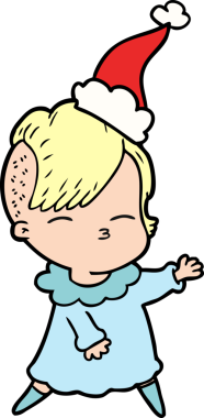 Bir insan tarafından çizilmiş Noel Baba şapkası giyen şaşı bir kızın el çizimi.