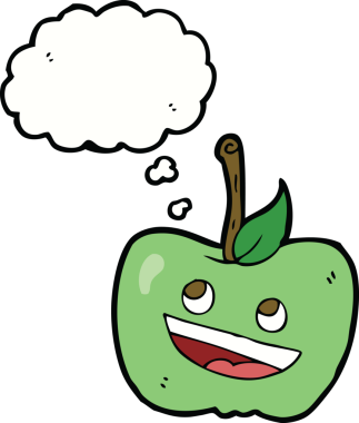 bir insan tarafından çizilmiş düşünce baloncuklu çizgi film elması