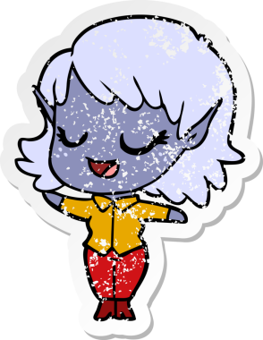 Bir insan tarafından çizilmiş mutlu bir elf kızının sıkıntılı çıkartması.