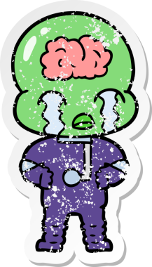 Bir çizgi filmin sıkıntılı çıkartması. Bir insan tarafından çizilmiş büyük beyinli uzaylı ağlaması.