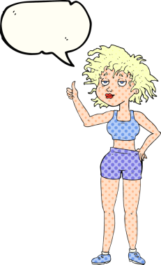 Bir insan tarafından çizilmiş serbest çizilmiş çizgi roman balonu, yorgun spor salonu kadını.