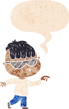 Güneş gözlüğü takan çizgi film çocuğu grunge 'da konuşma baloncuğuyla işaret ediyor.