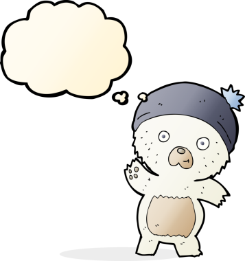 Bir insan tarafından çizilmiş düşünce baloncuklu şirin kutup ayısı.