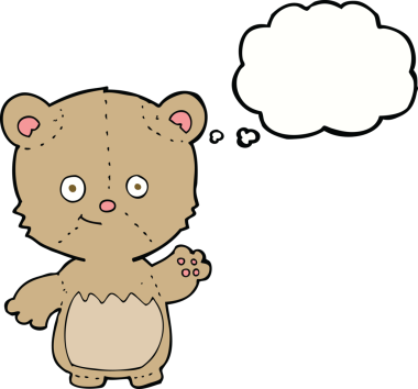 Bir insan tarafından çizilmiş düşünce baloncuğuyla sallanan küçük oyuncak ayı.