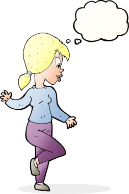 Bir insan tarafından çizilmiş düşünce baloncuğuyla el sallayan çizgi film kadını.